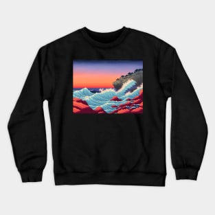 Ukiyo-e Japanese Art - Waves Crashing Against a Rocky Coast at Sunset Crewneck Sweatshirt